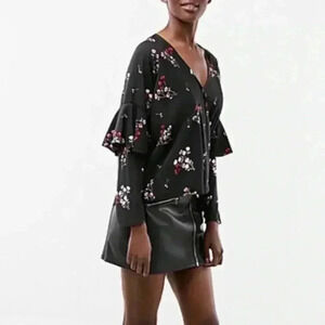 Express Floral Surplice Satin Ruffle Sleeve Blouse